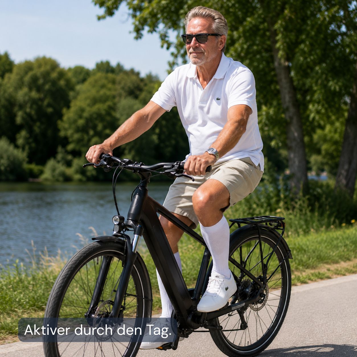 Mann mit Kompressionssocken beim Radfahren für leichte und aktive Beine im Alltag